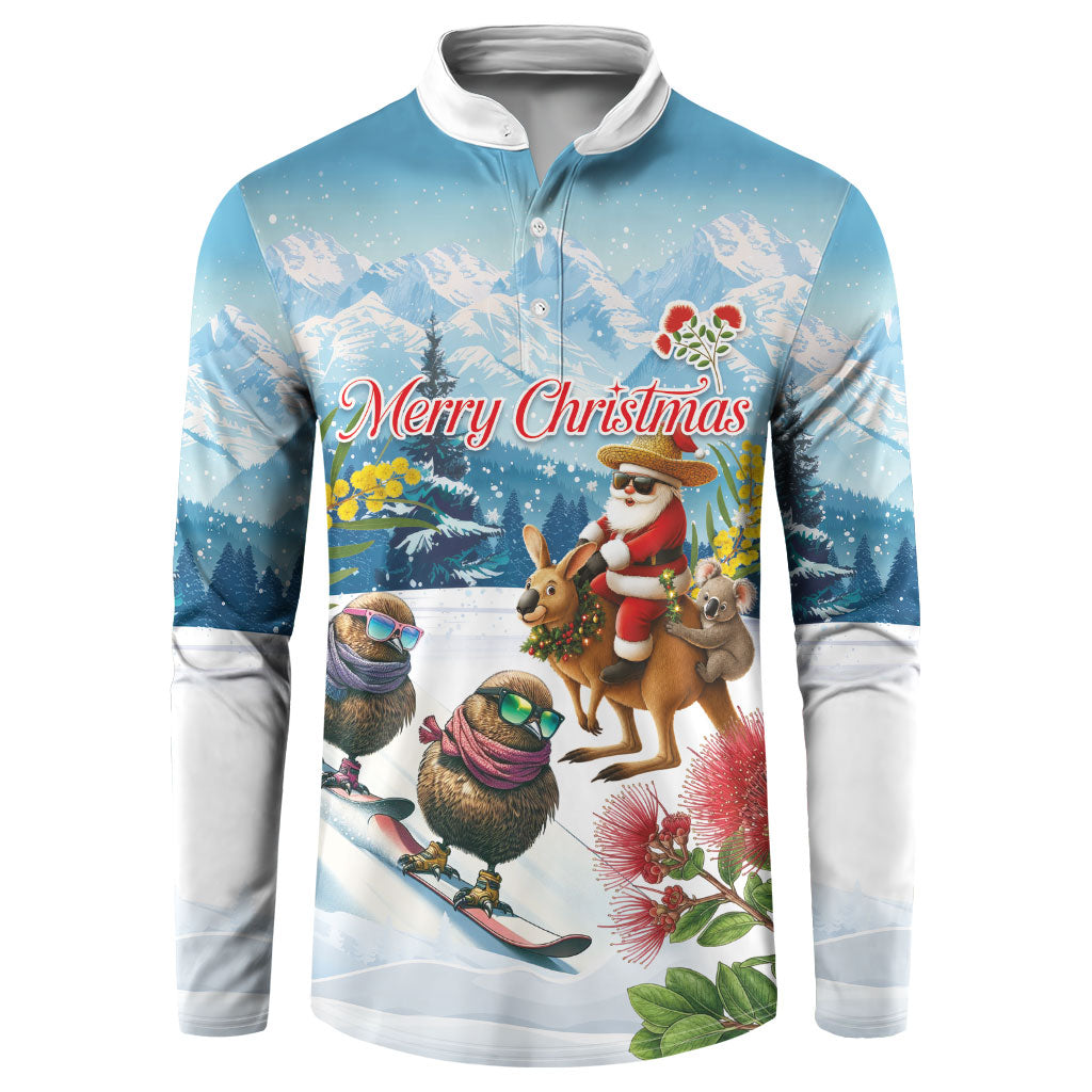 New Zealand and Australia Merry Christmas Button Sweatshirt Kiwi Birds Skiing and Koala Santa Riding Kangaroo LT03 Multicolor - Polynesian Pride