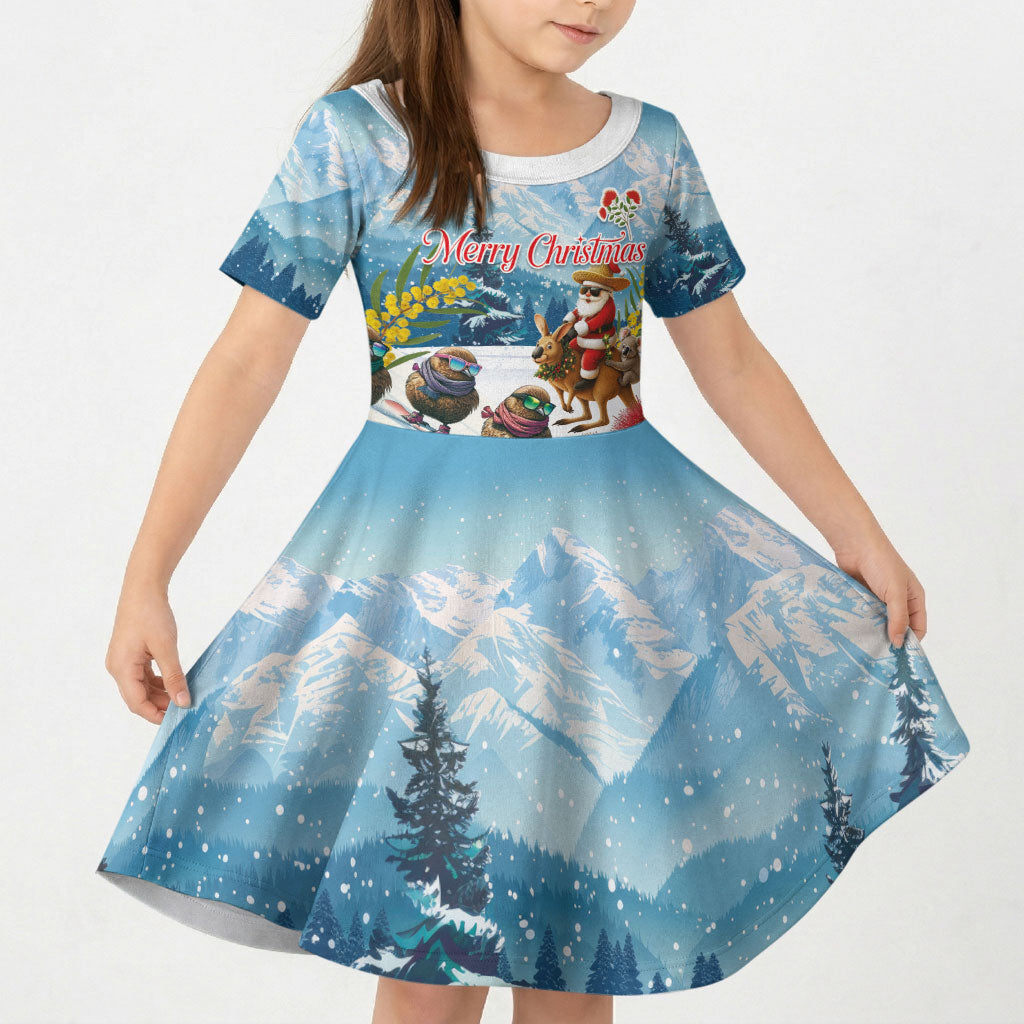 New Zealand and Australia Merry Christmas Kid Short Sleeve Dress Kiwi Birds Skiing and Koala Santa Riding Kangaroo LT03 KID Multicolor - Polynesian Pride