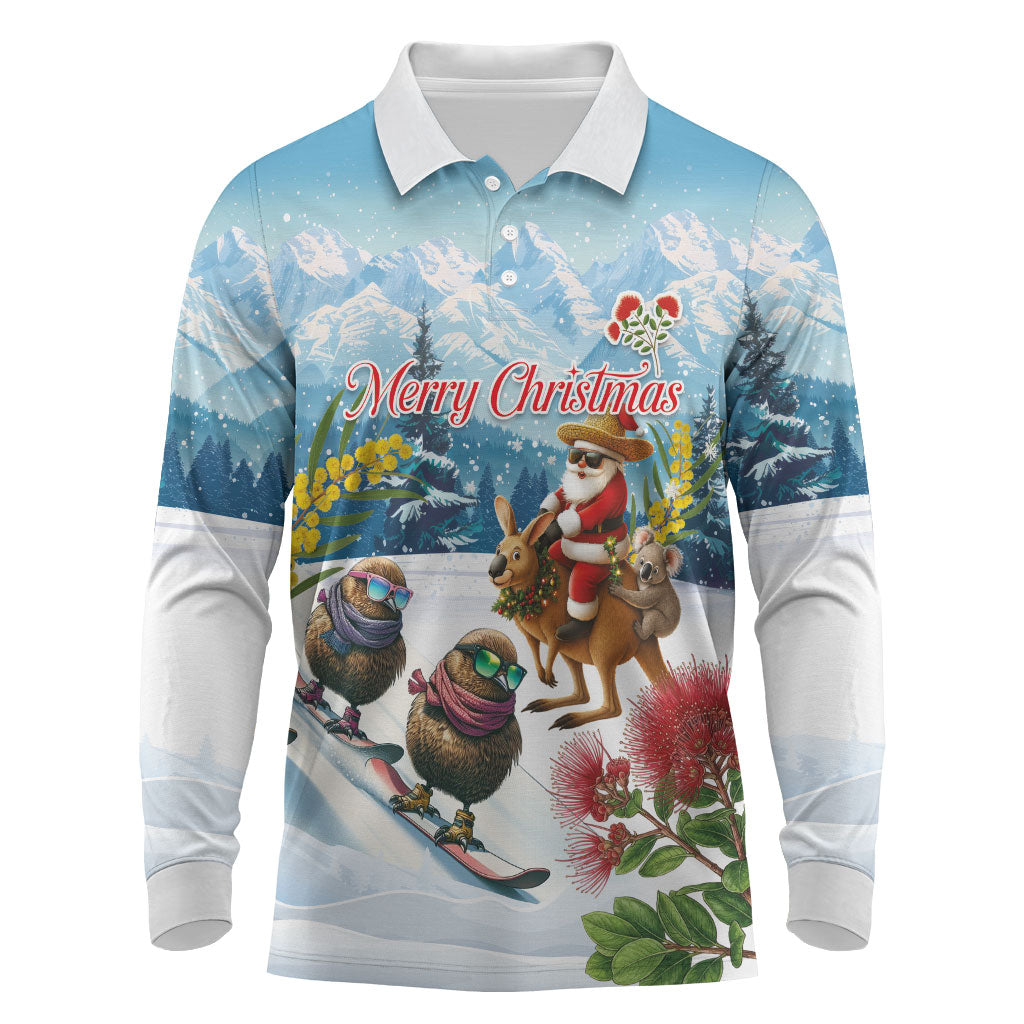 New Zealand and Australia Merry Christmas Long Sleeve Polo Shirt Kiwi Birds Skiing and Koala Santa Riding Kangaroo LT03 Multicolor - Polynesian Pride