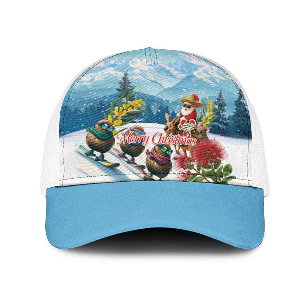 New Zealand and Australia Merry Christmas Mesh Trucker Cap Kiwi Birds Skiing and Santa Riding Kangaroo with Koala LT03 One Size White Multicolor - Polynesian Pride