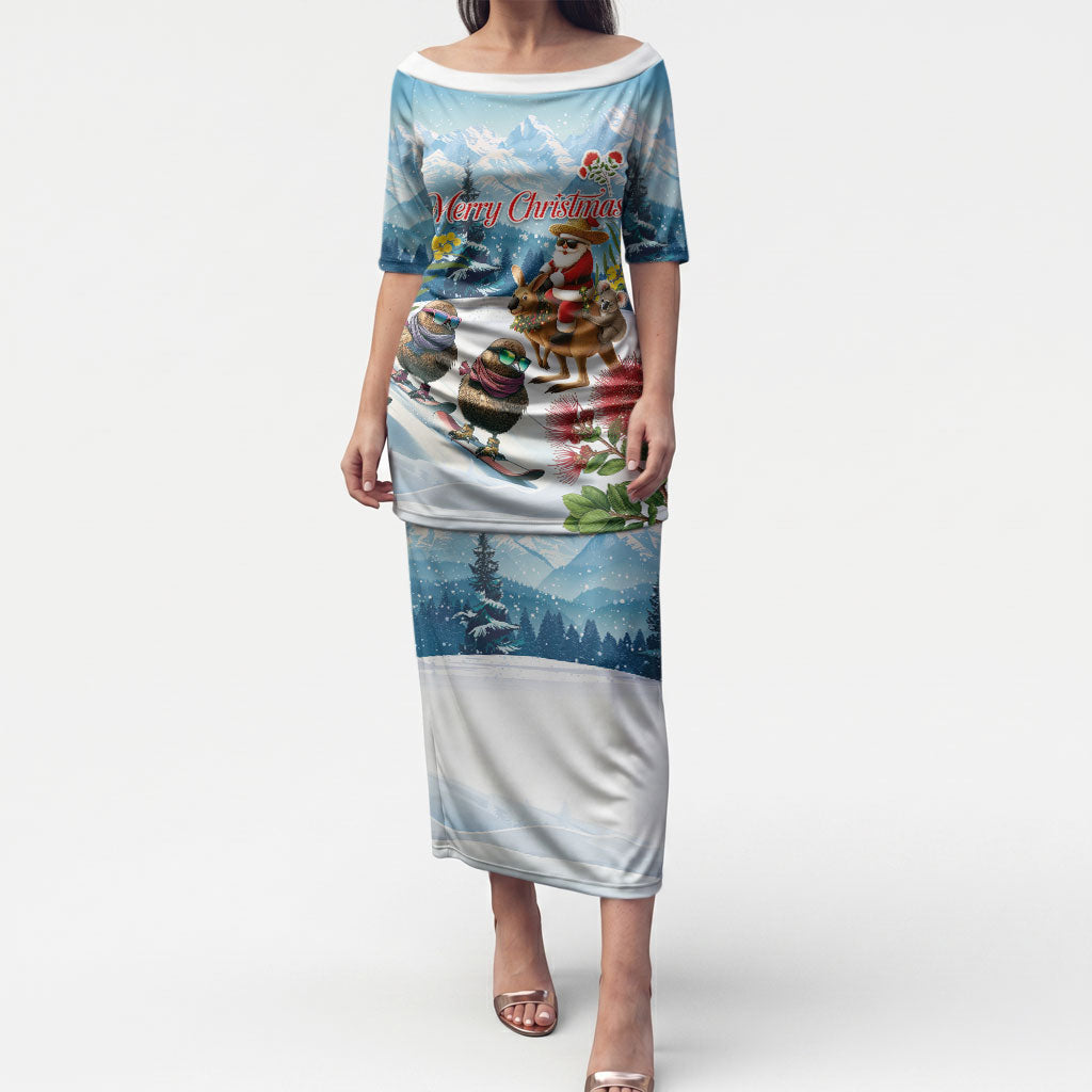 New Zealand and Australia Merry Christmas Puletasi Kiwi Birds Skiing and Koala Santa Riding Kangaroo LT03 Long Dress Multicolor - Polynesian Pride