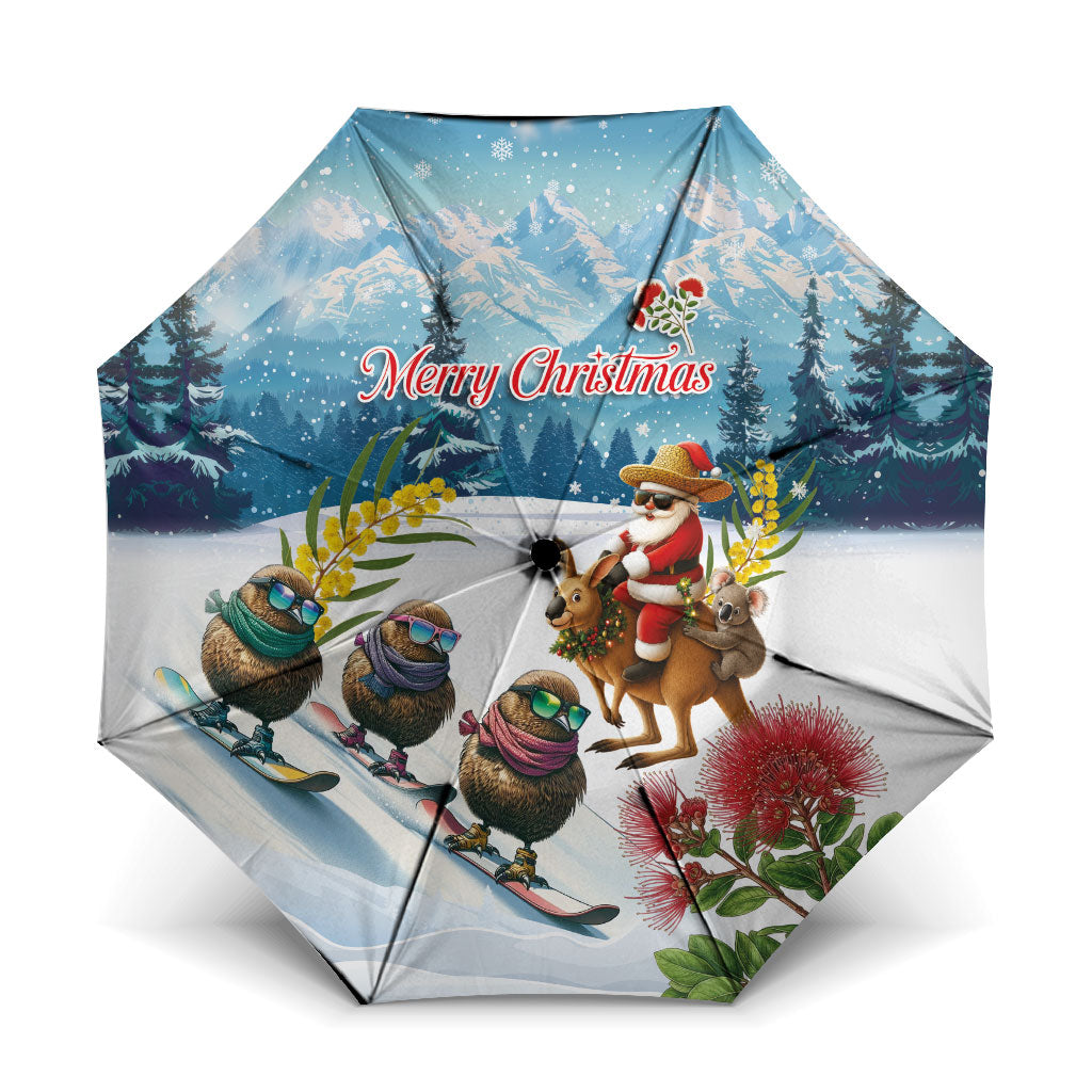New Zealand and Australia Merry Christmas Umbrella Kiwi Birds Skiing and Koala Santa Riding Kangaroo LT03 One Size Folded 11.42 inch Opened Diameter 37.4 inch Multicolor - Polynesian Pride