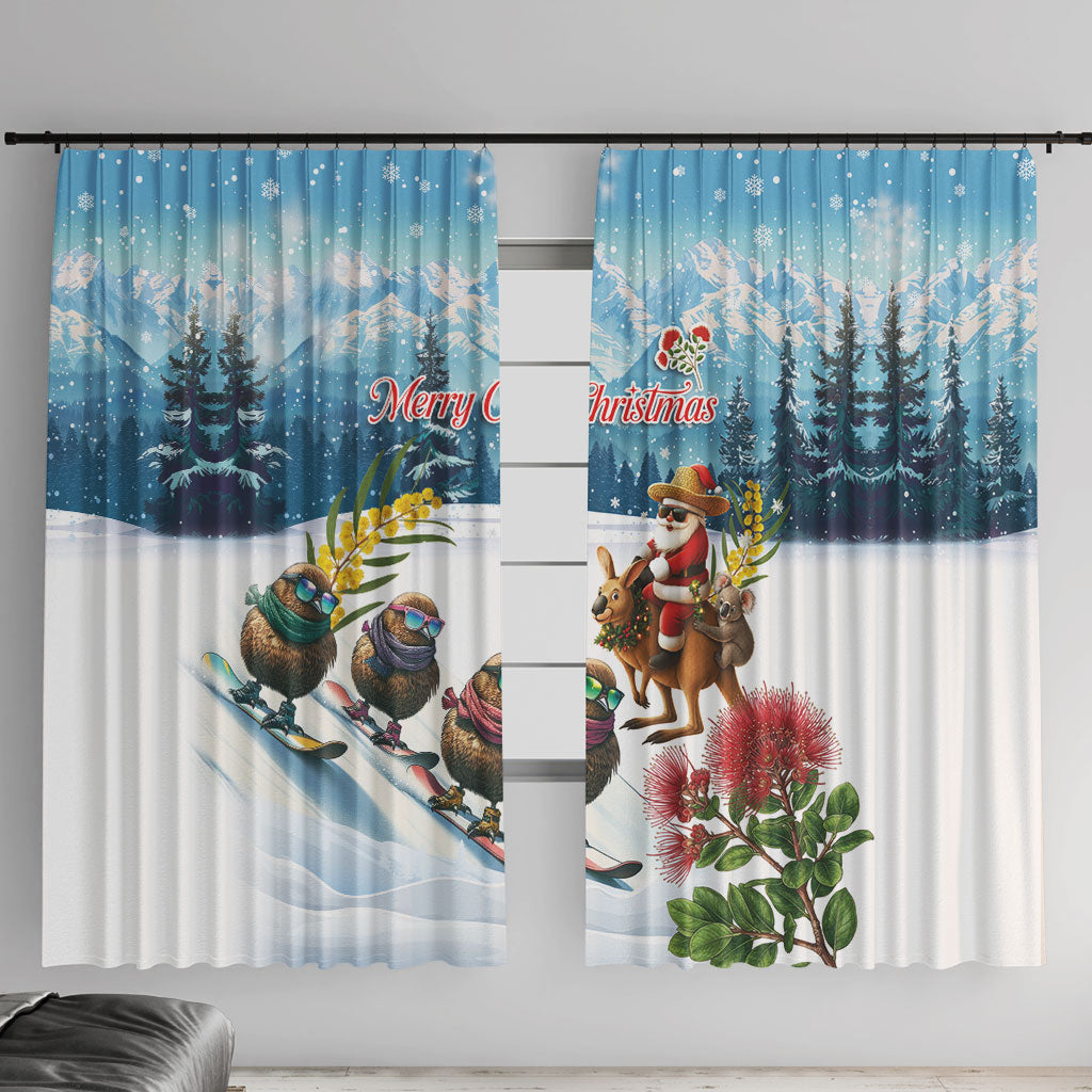 New Zealand and Australia Merry Christmas Window Curtain Kiwi Birds Skiing and Koala Santa Riding Kangaroo LT03 With Hooks Multicolor - Polynesian Pride