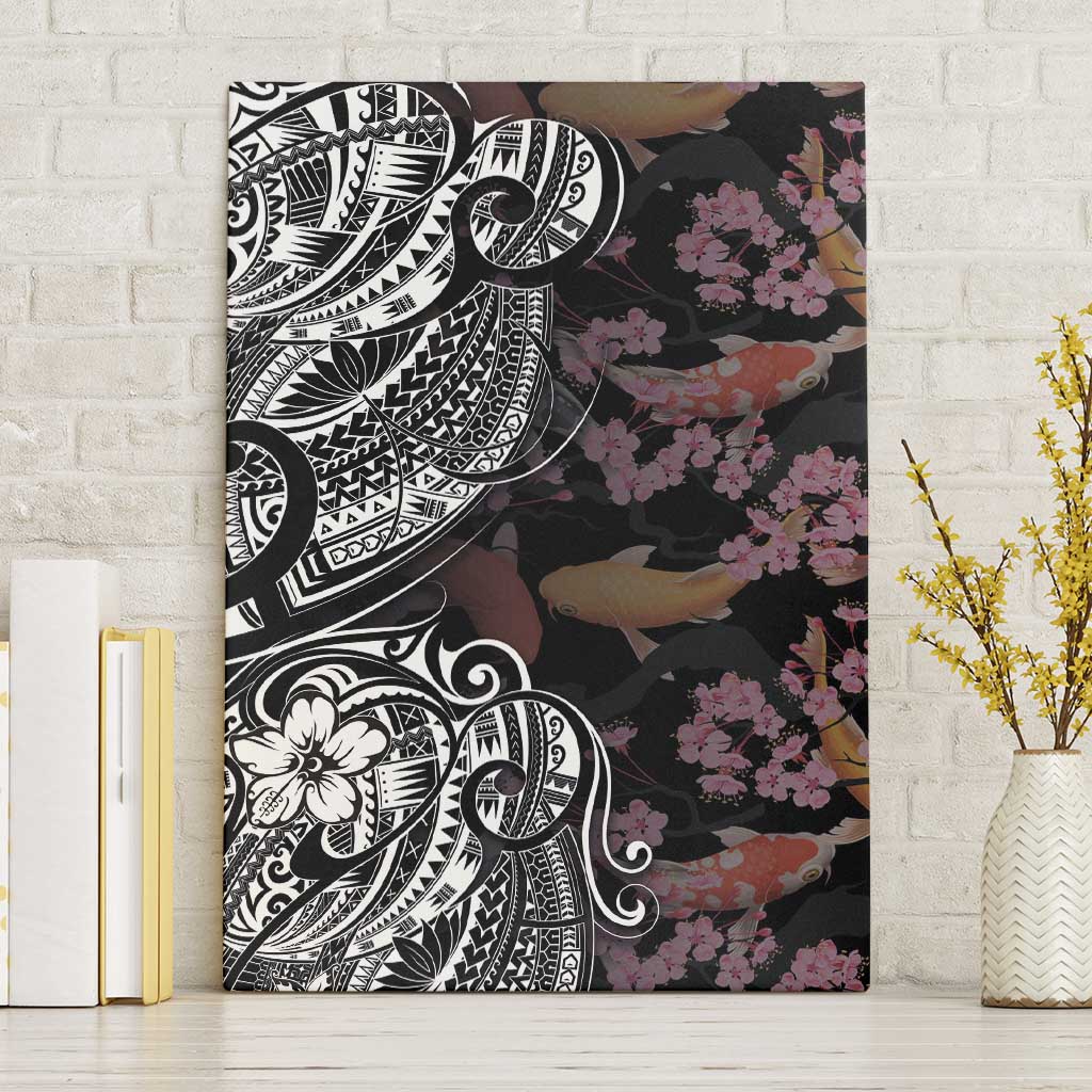 Hawaiian and Japanese Together Canvas Wall Art Polynesian Triball Tattoo Koi Carps and Sakura LT03 Without Frame Black - Polynesian Pride