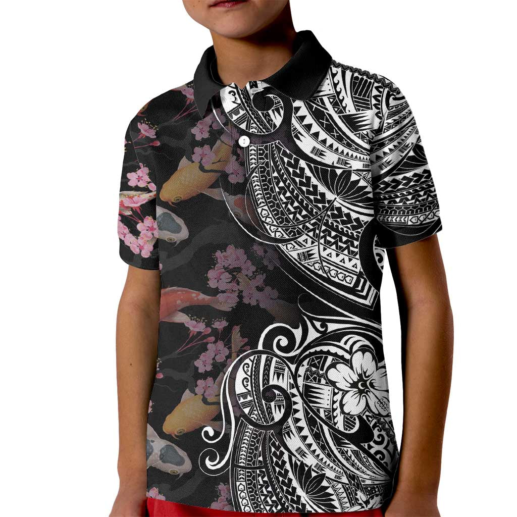 Hawaiian and Japanese Together Kid Polo Shirt Polynesian Triball Tattoo Koi Carps and Sakura