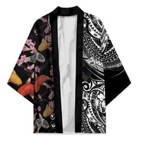 Hawaiian and Japanese Together Kimono Polynesian Triball Tattoo Koi Carps and Sakura LT03 Unisex Black - Polynesian Pride