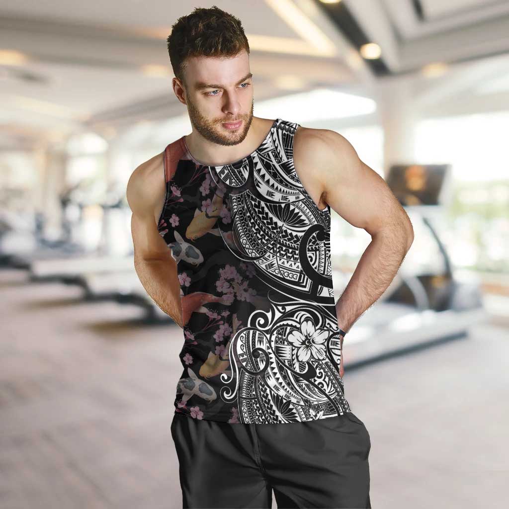 Hawaiian and Japanese Together Men Tank Top Polynesian Triball Tattoo Koi Carps and Sakura LT03 Black - Polynesian Pride