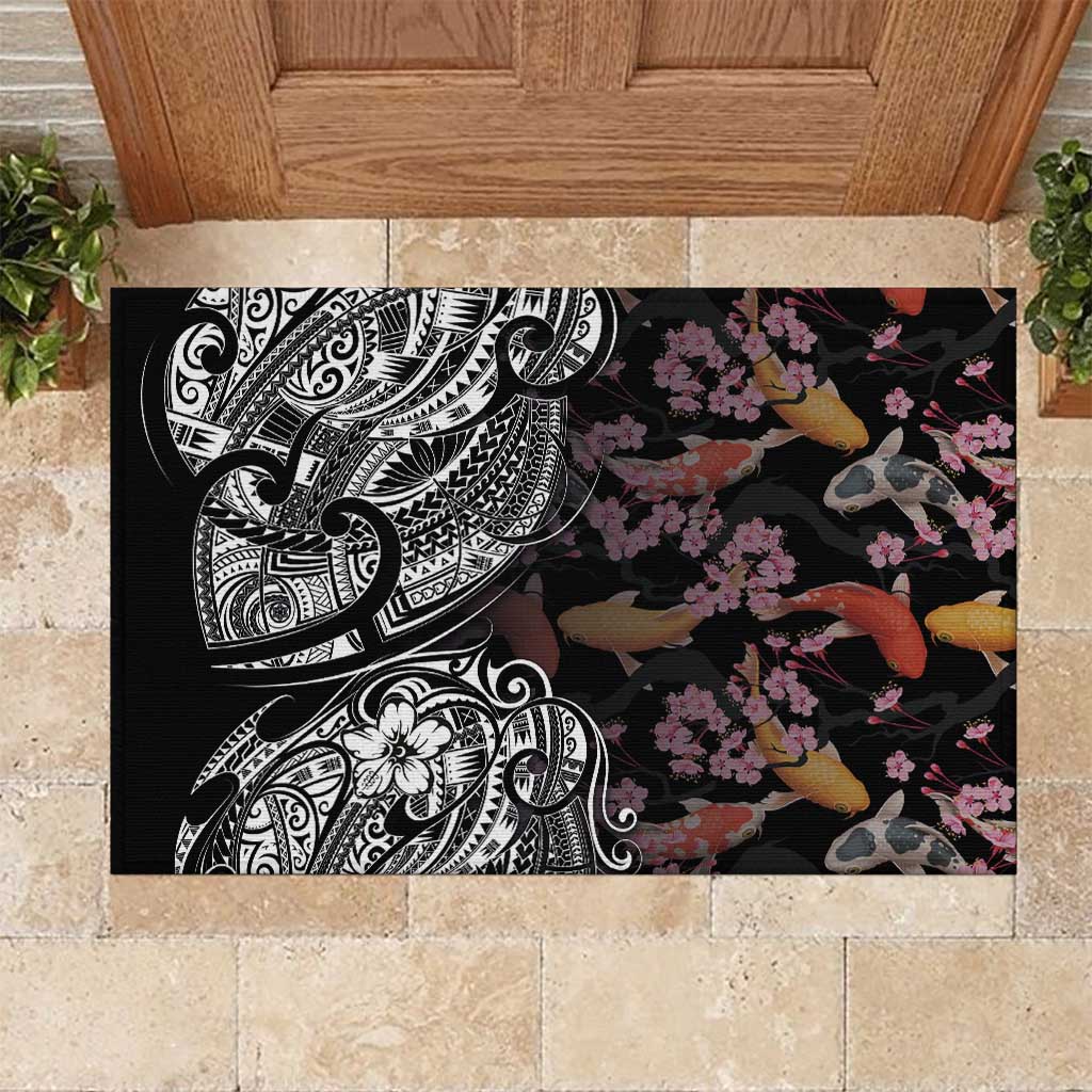 Hawaiian and Japanese Together Rubber Doormat Polynesian Triball Tattoo Koi Carps and Sakura LT03 Black - Polynesian Pride