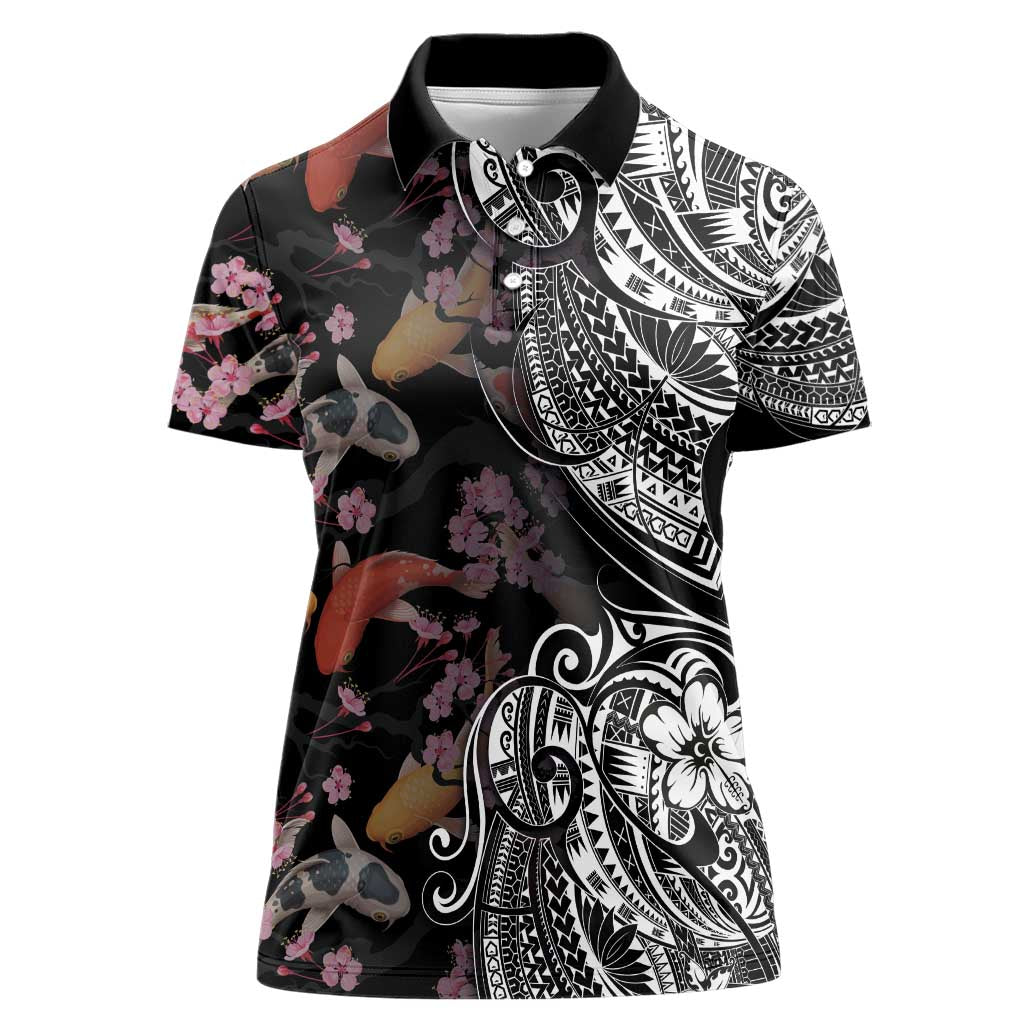 Hawaiian and Japanese Together Women Polo Shirt Polynesian Triball Tattoo Koi Carps and Sakura