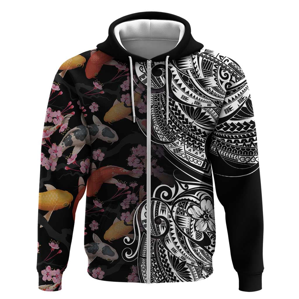 Hawaiian and Japanese Together Zip Hoodie Polynesian Triball Tattoo Koi Carps and Sakura