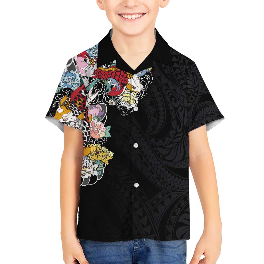Hawaiian and Japanese Together Kid Hawaiian Shirt Colorful Traditional Japanese Tattoo and Kakau Pattern Black Color LT03 Kid Black - Polynesian Pride