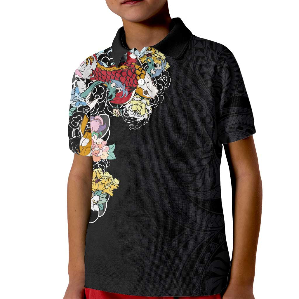 Hawaiian and Japanese Together Kid Polo Shirt Colorful Traditional Japanese Tattoo and Kakau Pattern Black Color