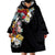 Hawaiian and Japanese Together Wearable Blanket Hoodie Colorful Traditional Japanese Tattoo and Kakau Pattern Black Color