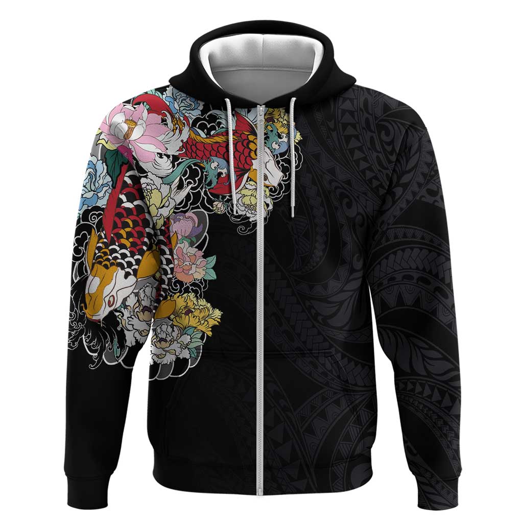 Hawaiian and Japanese Together Zip Hoodie Colorful Traditional Japanese Tattoo and Kakau Pattern Black Color