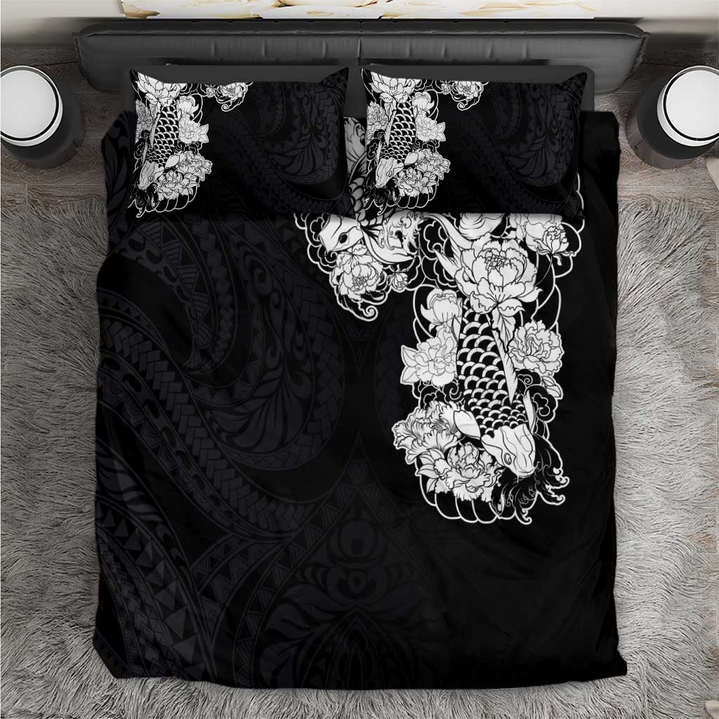 Hawaiian and Japanese Together Bedding Set Japanese Koi Fish Tattoo and Kakau Pattern Black Color