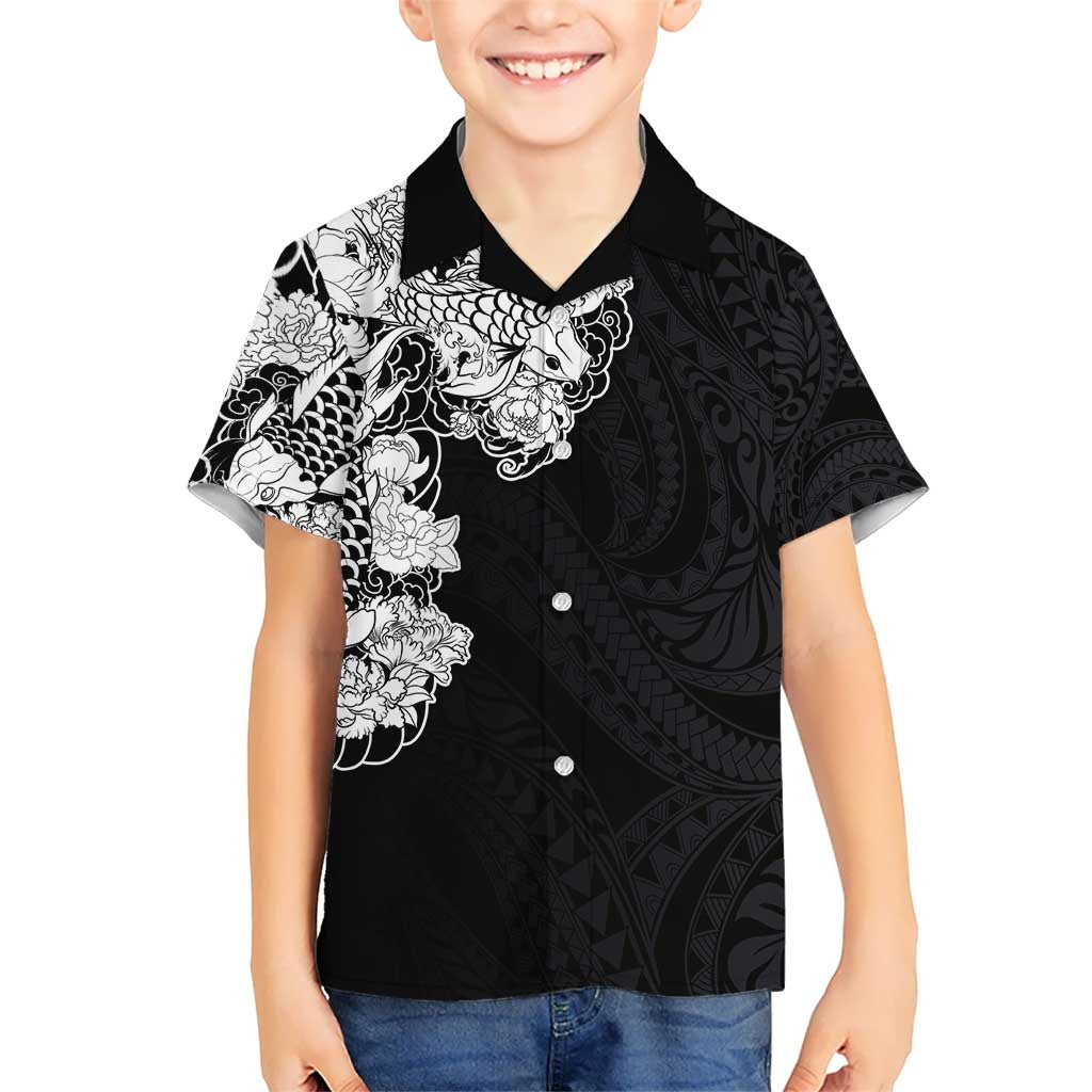 Hawaiian and Japanese Together Kid Hawaiian Shirt Japanese Koi Fish Tattoo and Kakau Pattern Black Color LT03 Kid Black - Polynesian Pride