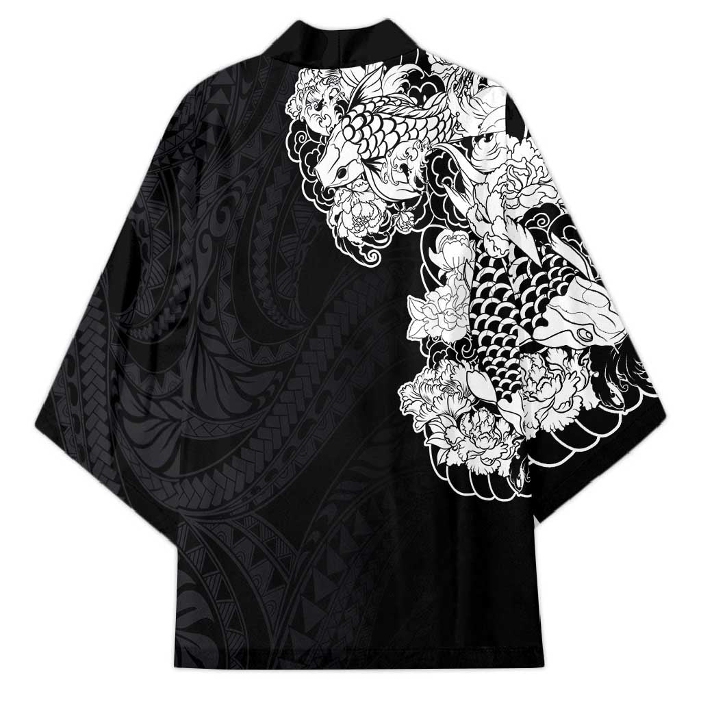 Hawaiian and Japanese Together Kimono Japanese Koi Fish Tattoo and Kakau Pattern Black Color LT03 - Polynesian Pride