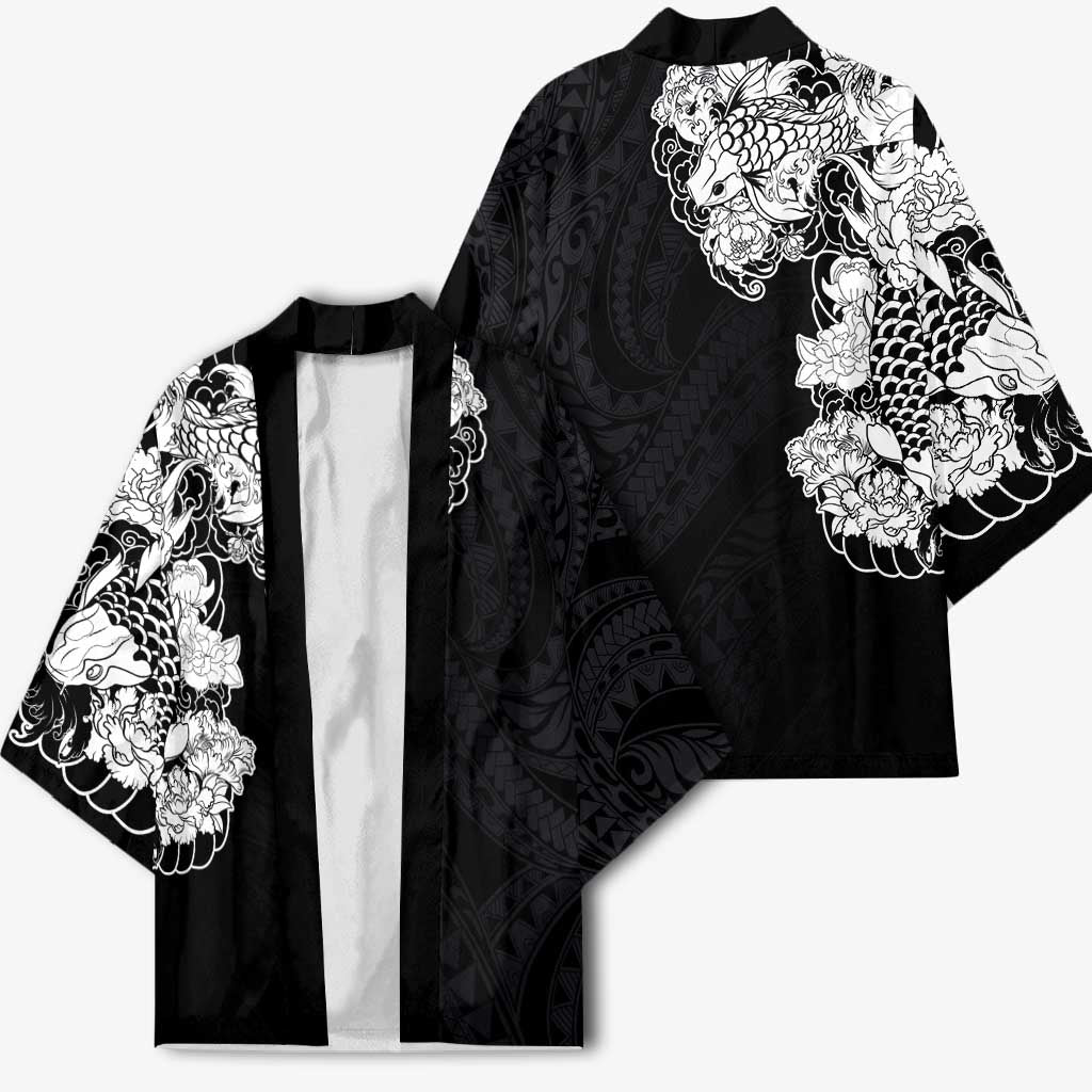 Hawaiian and Japanese Together Kimono Japanese Koi Fish Tattoo and Kakau Pattern Black Color LT03 - Polynesian Pride