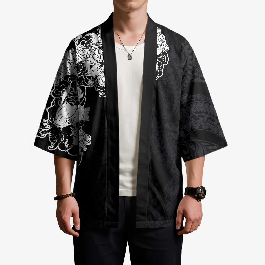 Hawaiian and Japanese Together Kimono Japanese Koi Fish Tattoo and Kakau Pattern Black Color LT03 - Polynesian Pride
