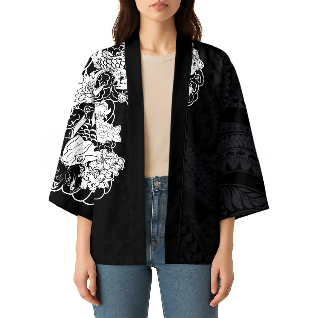 Hawaiian and Japanese Together Kimono Japanese Koi Fish Tattoo and Kakau Pattern Black Color LT03 - Polynesian Pride