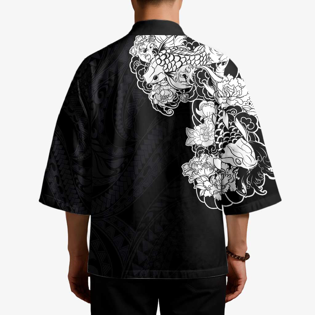 Hawaiian and Japanese Together Kimono Japanese Koi Fish Tattoo and Kakau Pattern Black Color LT03 - Polynesian Pride