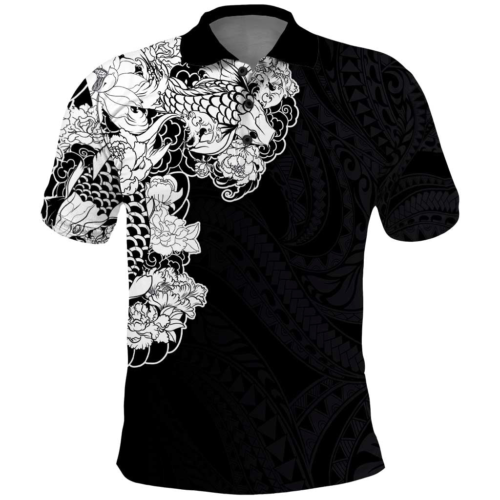Hawaiian and Japanese Together Polo Shirt Japanese Koi Fish Tattoo and Kakau Pattern Black Color LT03 Black - Polynesian Pride