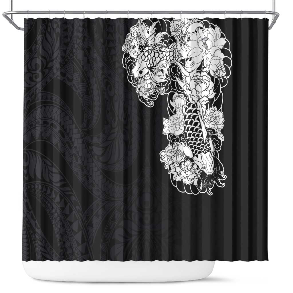 Hawaiian and Japanese Together Shower Curtain Japanese Koi Fish Tattoo and Kakau Pattern Black Color