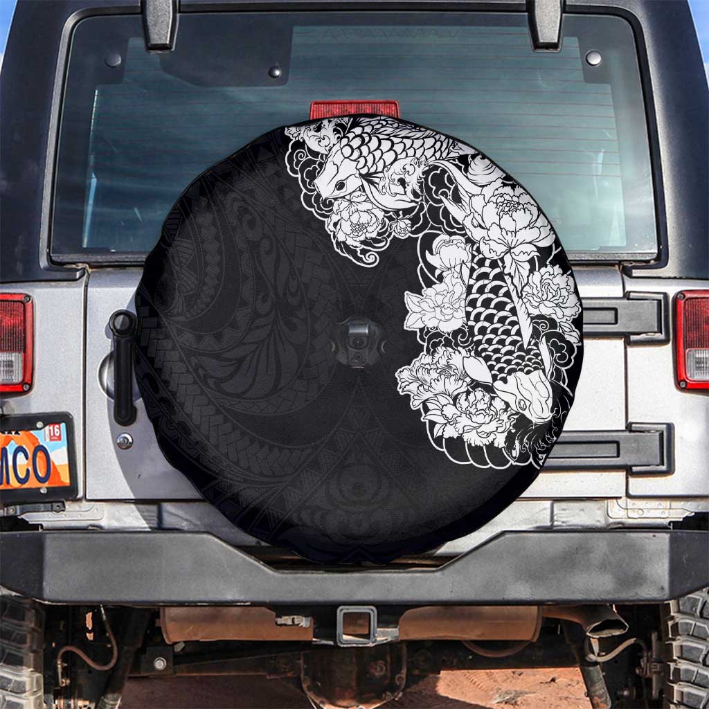 Hawaiian and Japanese Together Spare Tire Cover Japanese Koi Fish Tattoo and Kakau Pattern Black Color