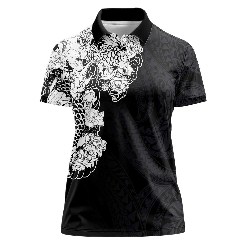 Hawaiian and Japanese Together Women Polo Shirt Japanese Koi Fish Tattoo and Kakau Pattern Black Color