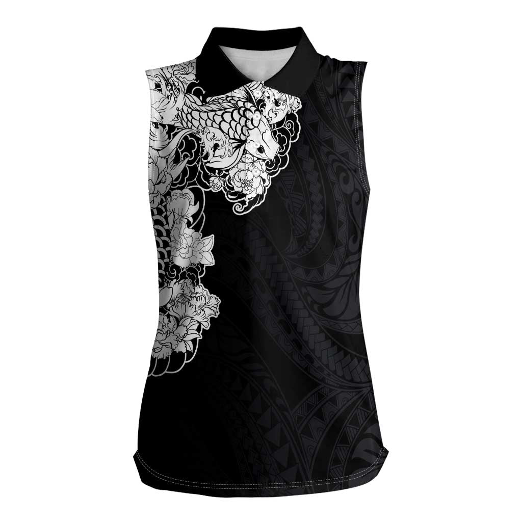 Hawaiian and Japanese Together Women Sleeveless Polo Shirt Japanese Koi Fish Tattoo and Kakau Pattern Black Color