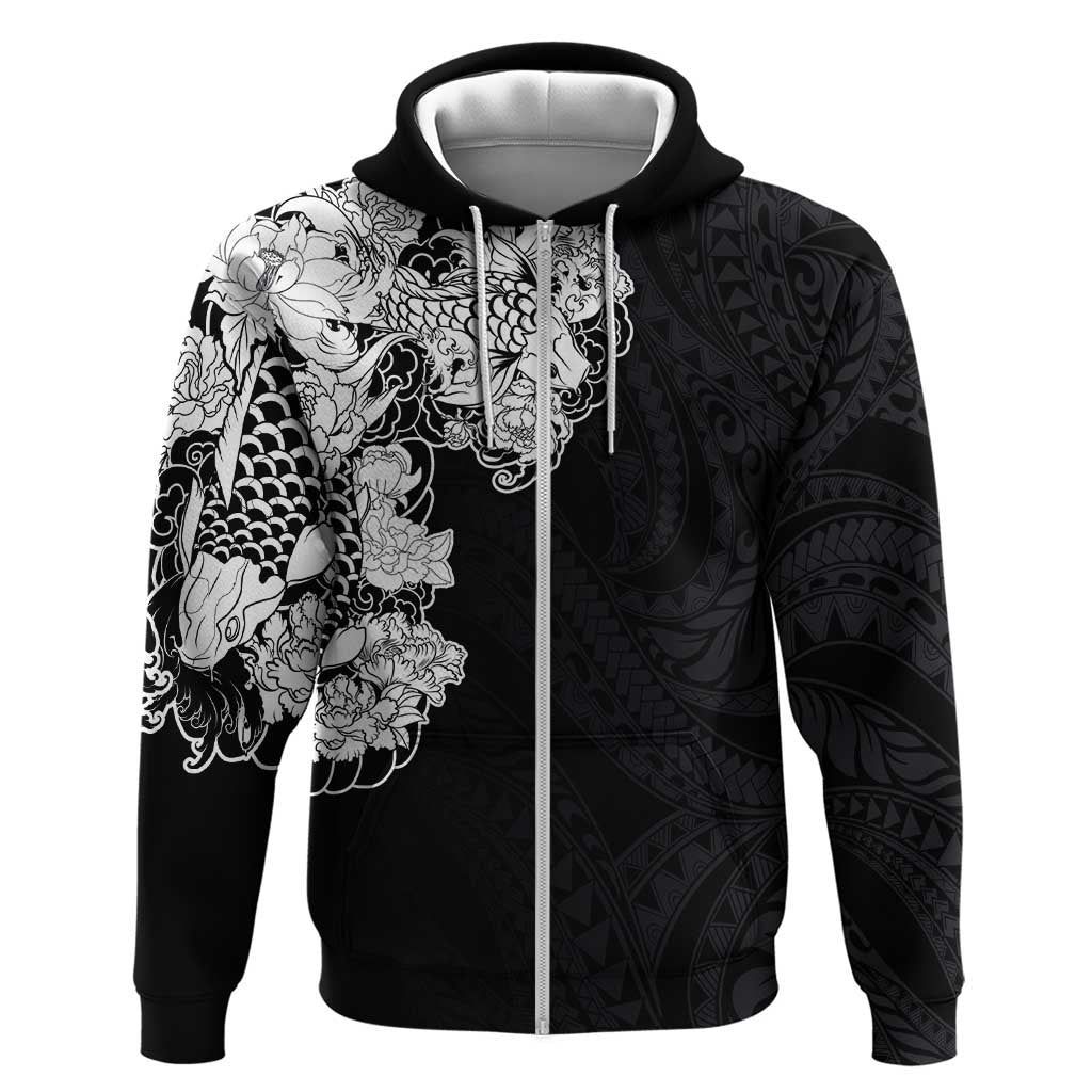 Hawaiian and Japanese Together Zip Hoodie Japanese Koi Fish Tattoo and Kakau Pattern Black Color