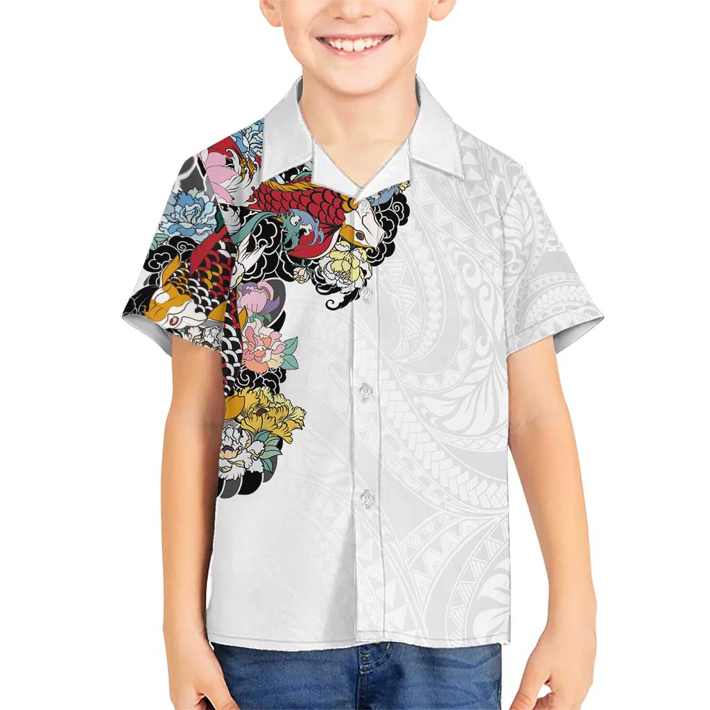 Hawaiian and Japanese Together Kid Hawaiian Shirt Colorful Traditional Japanese Tattoo and Kakau Pattern White Color LT03 Kid White - Polynesian Pride