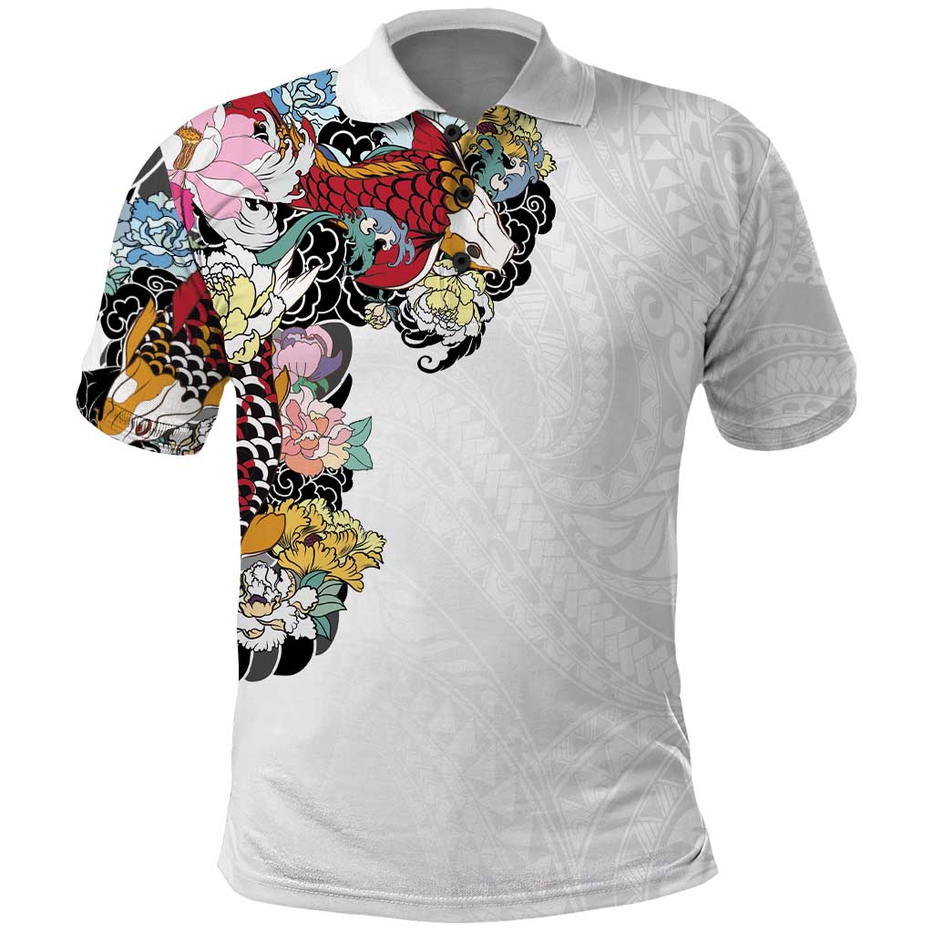 Hawaiian and Japanese Together Polo Shirt Colorful Traditional Japanese Tattoo and Kakau Pattern White Color