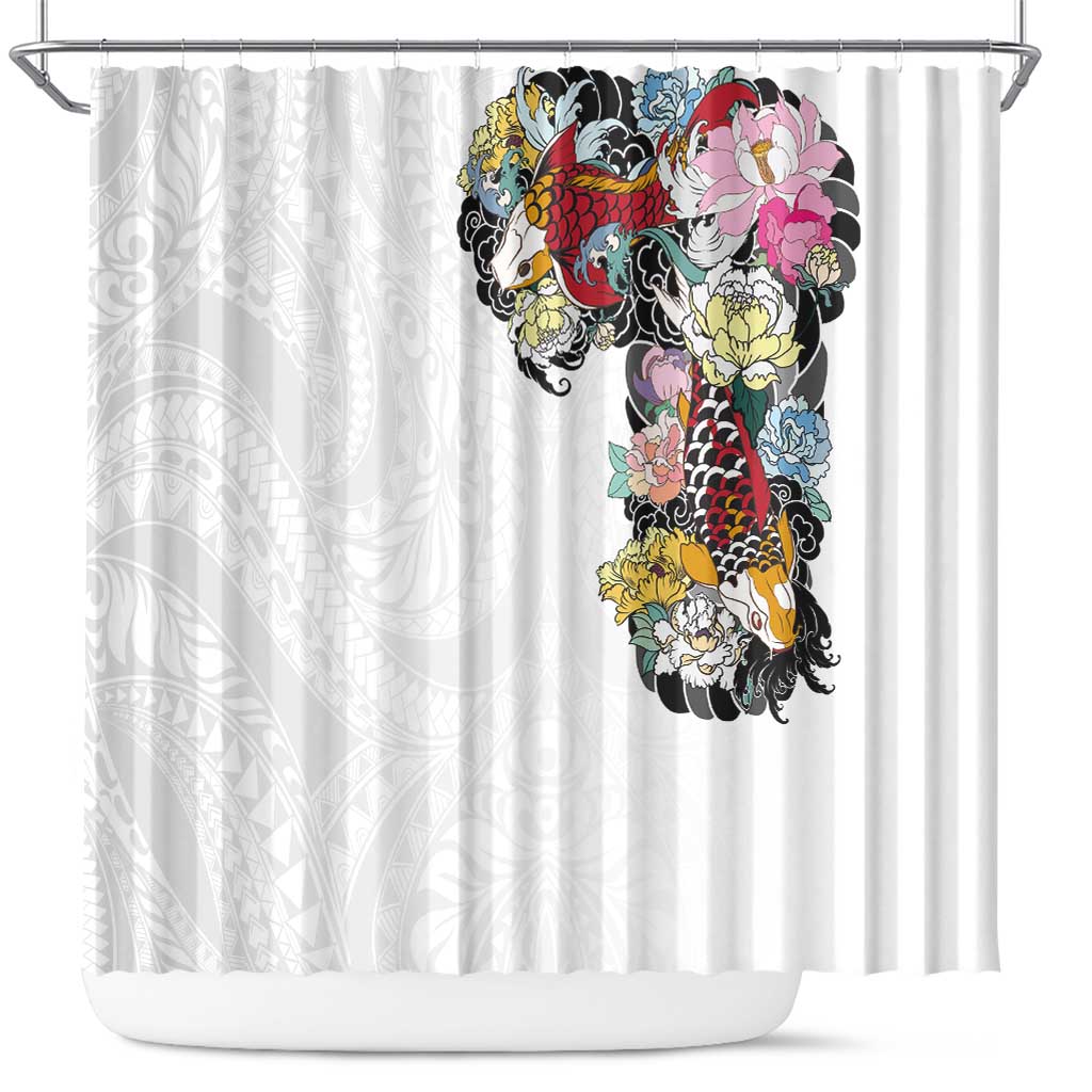 Hawaiian and Japanese Together Shower Curtain Colorful Traditional Japanese Tattoo and Kakau Pattern White Color