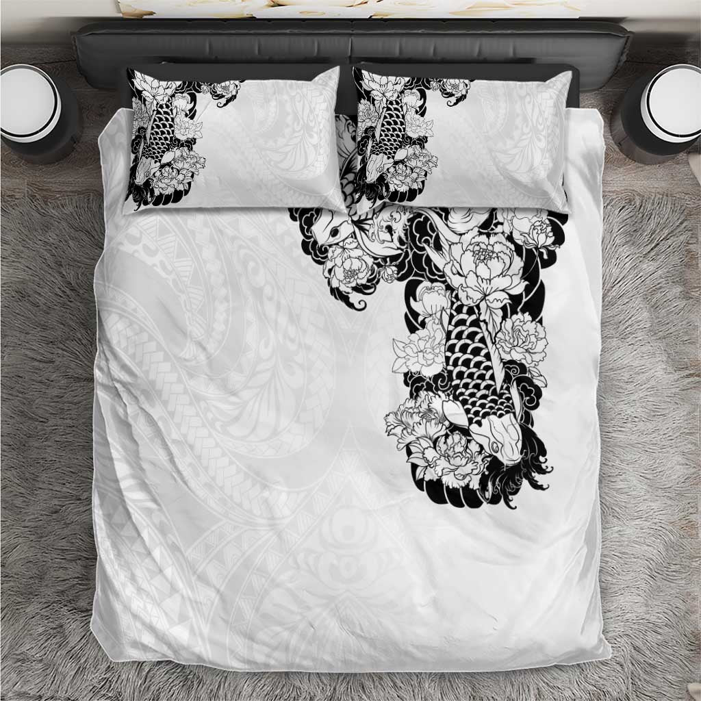 Hawaiian and Japanese Together Bedding Set Japanese Koi Fish Tattoo and Kakau Pattern White Color LT03 White - Polynesian Pride