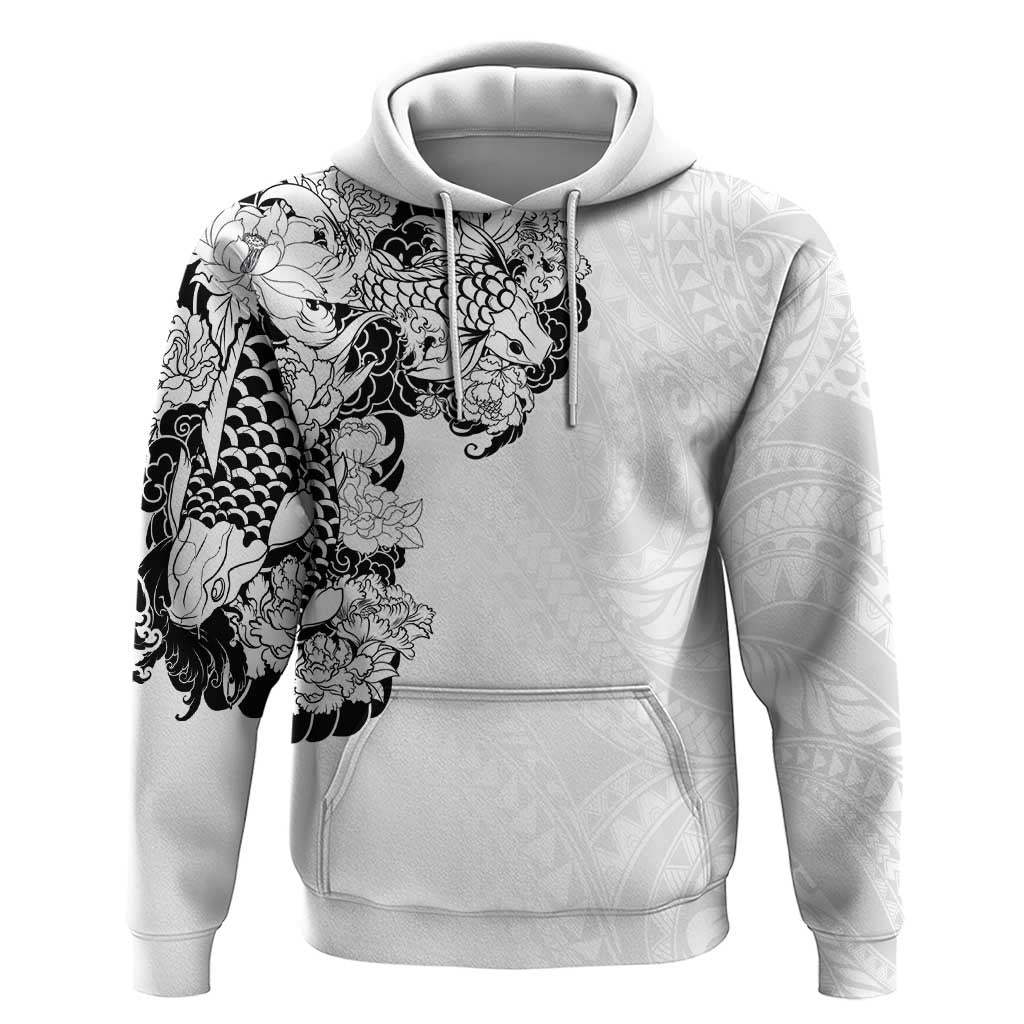 Hawaiian and Japanese Together Hoodie Japanese Koi Fish Tattoo and Kakau Pattern White Color LT03 Pullover Hoodie White - Polynesian Pride