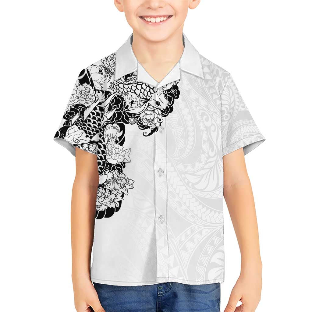 Hawaiian and Japanese Together Kid Hawaiian Shirt Japanese Koi Fish Tattoo and Kakau Pattern White Color LT03 Kid White - Polynesian Pride