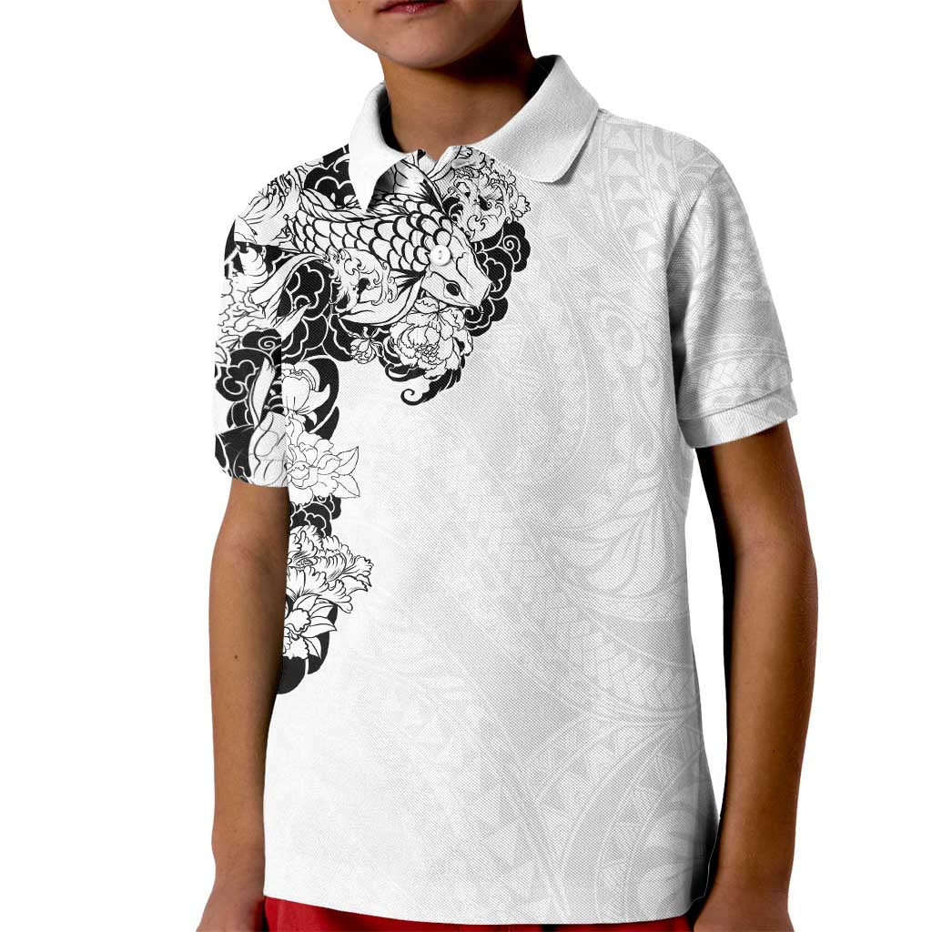 Hawaiian and Japanese Together Kid Polo Shirt Japanese Koi Fish Tattoo and Kakau Pattern White Color