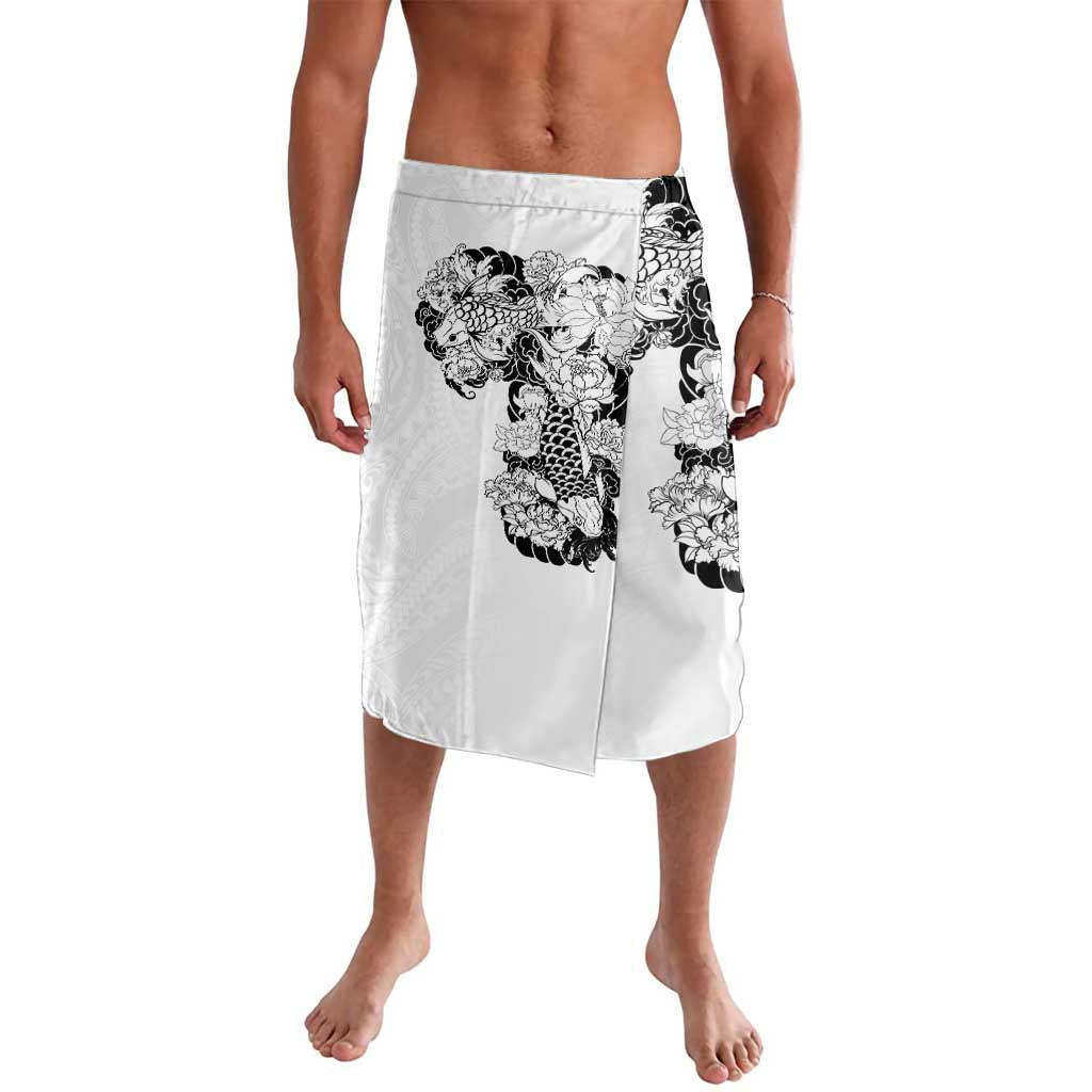 Hawaiian and Japanese Together Lavalava Japanese Koi Fish Tattoo and Kakau Pattern White Color