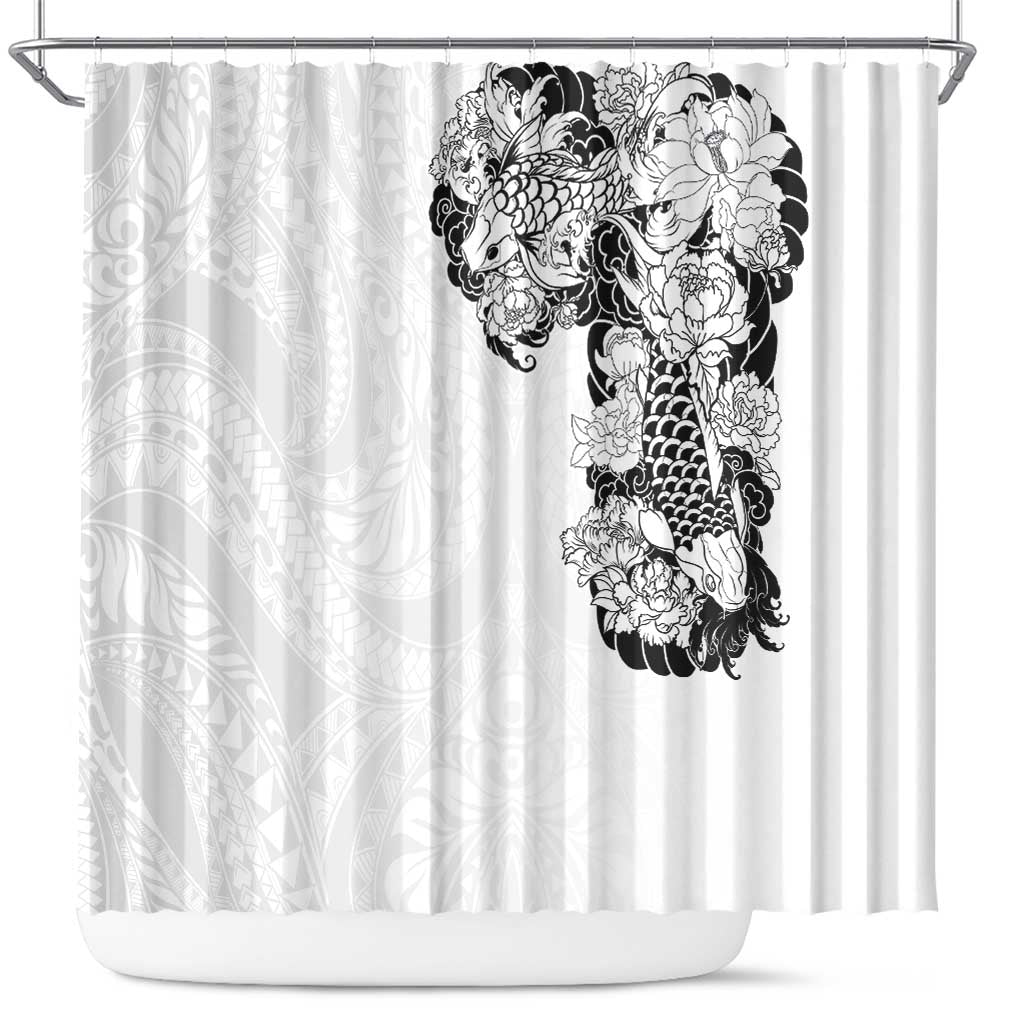 Hawaiian and Japanese Together Shower Curtain Japanese Koi Fish Tattoo and Kakau Pattern White Color