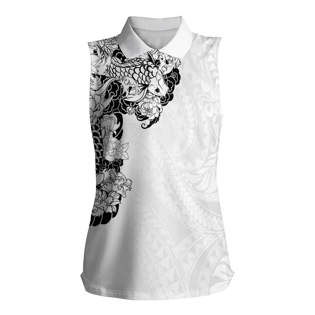 Hawaiian and Japanese Together Women Sleeveless Polo Shirt Japanese Koi Fish Tattoo and Kakau Pattern White Color