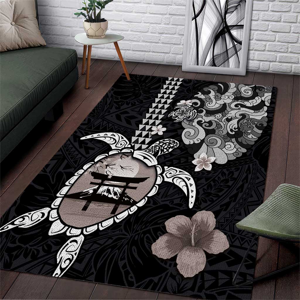 Hawaiian and Japanese Together Area Rug Japanese Culture and Turtle Kakau Tattoo Black Color LT03 Black - Polynesian Pride