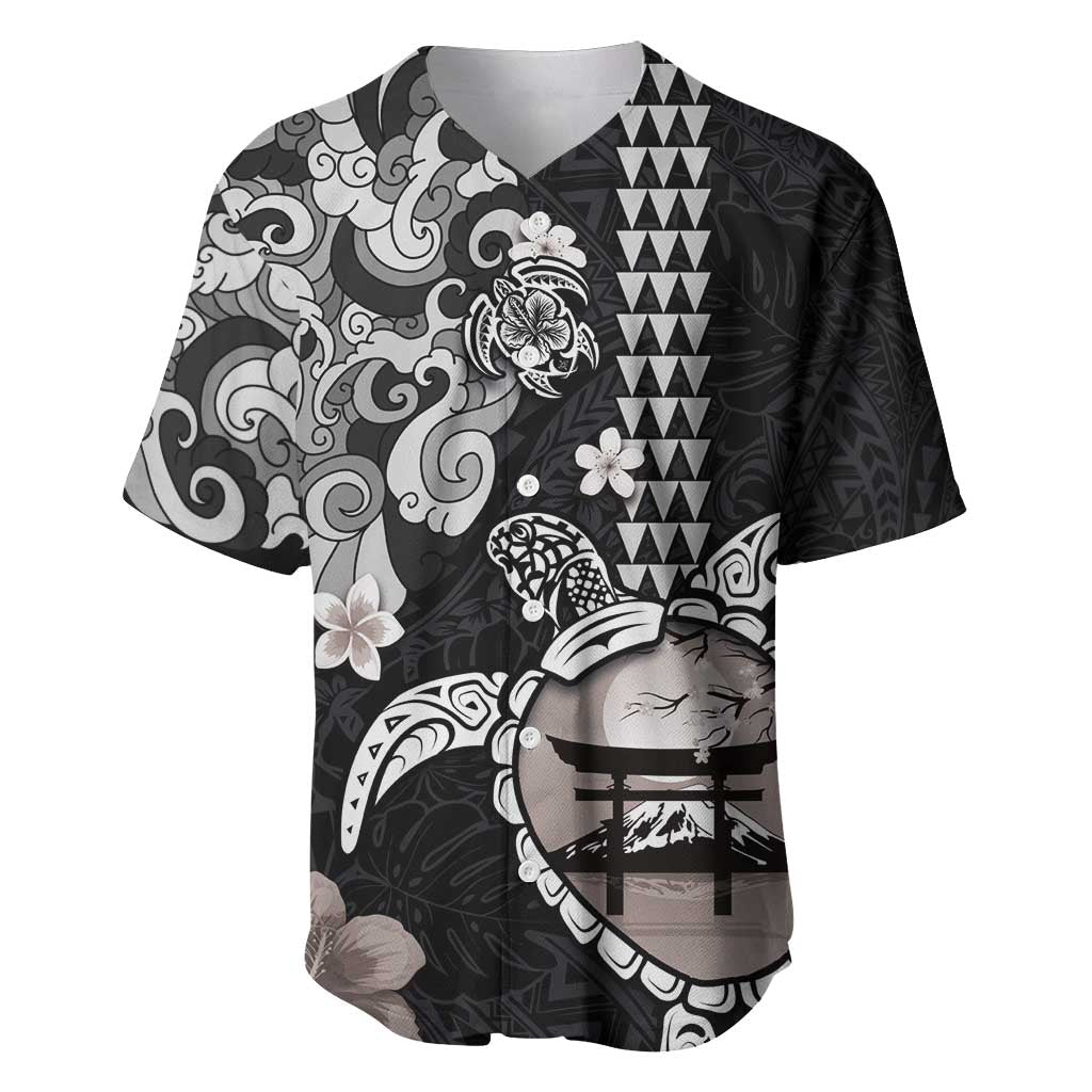 Hawaiian and Japanese Together Baseball Jersey Japanese Culture and Turtle Kakau Tattoo Black Color LT03 Black - Polynesian Pride