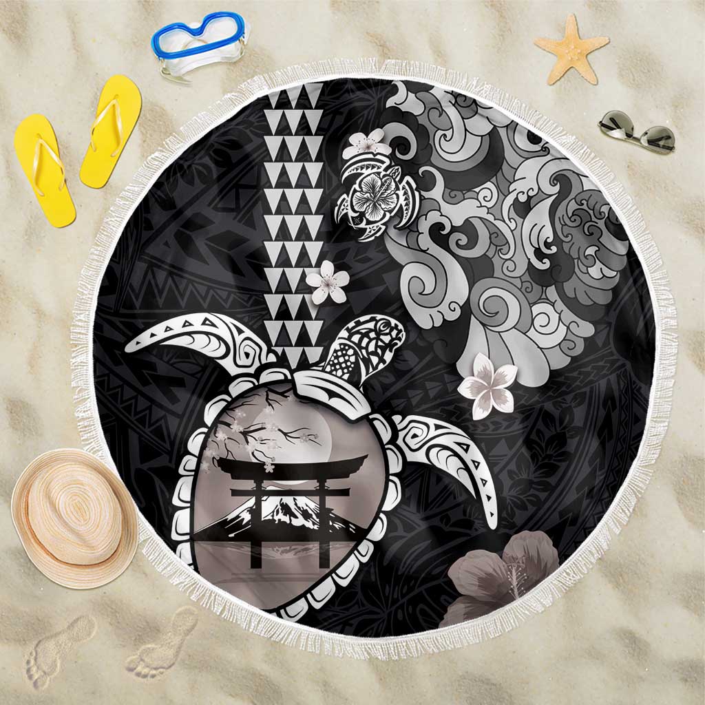 Hawaiian and Japanese Together Beach Blanket Japanese Culture and Turtle Kakau Tattoo Black Color LT03 One Size 150cm Black - Polynesian Pride