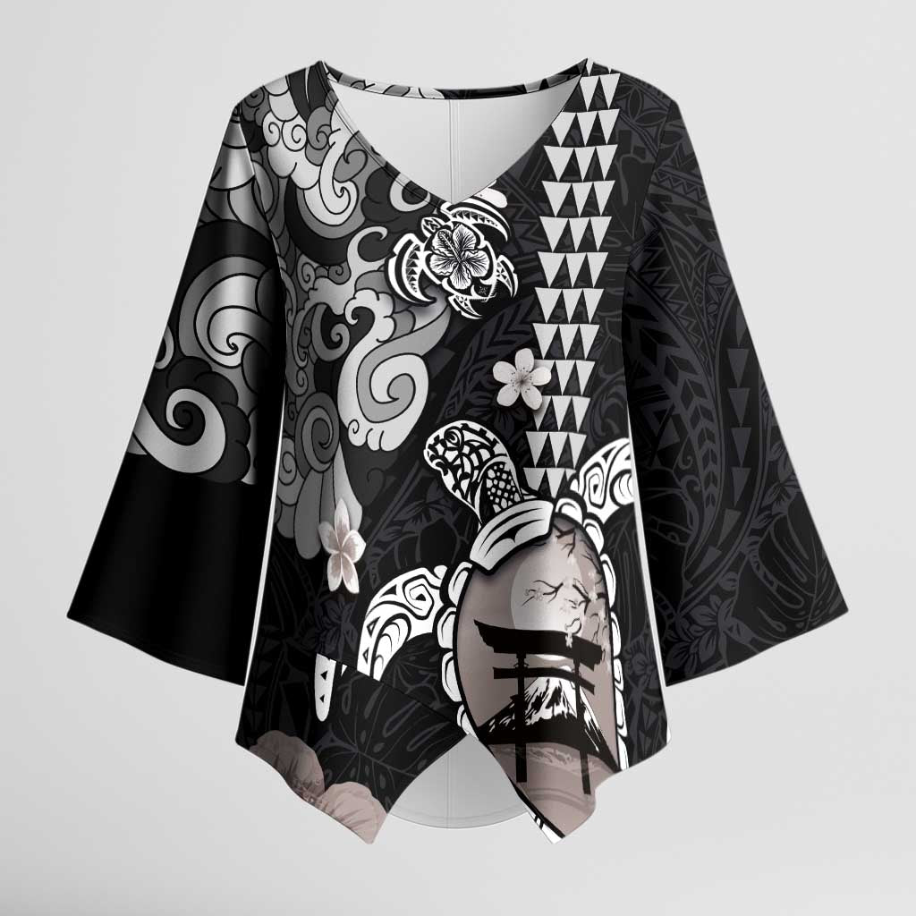 Hawaiian and Japanese Together Kimono Sleeve Blouse Japanese Culture and Turtle Kakau Tattoo Black Color LT03 Female Black - Polynesian Pride