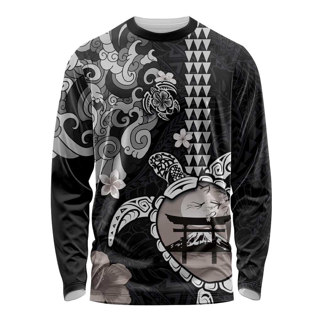Hawaiian and Japanese Together Long Sleeve Shirt Japanese Culture and Turtle Kakau Tattoo Black Color LT03 Unisex Black - Polynesian Pride