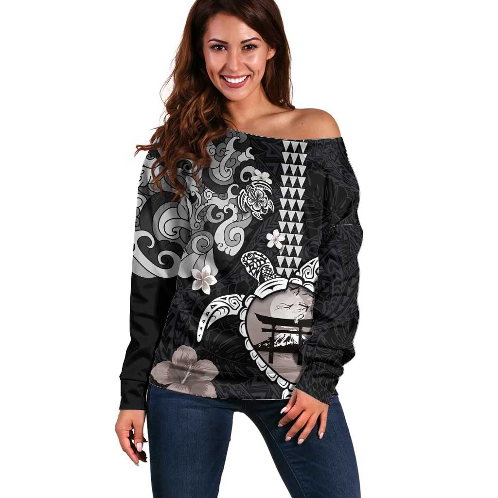 Hawaiian and Japanese Together Off Shoulder Sweater Japanese Culture and Turtle Kakau Tattoo Black Color LT03 Women Black - Polynesian Pride