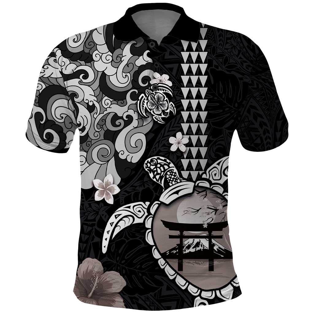 Hawaiian and Japanese Together Polo Shirt Japanese Culture and Turtle Kakau Tattoo Black Color LT03 Black - Polynesian Pride