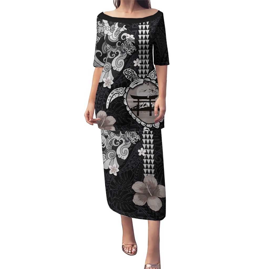Hawaiian and Japanese Together Puletasi Japanese Culture and Turtle Kakau Tattoo Black Color LT03 Long Dress Black - Polynesian Pride