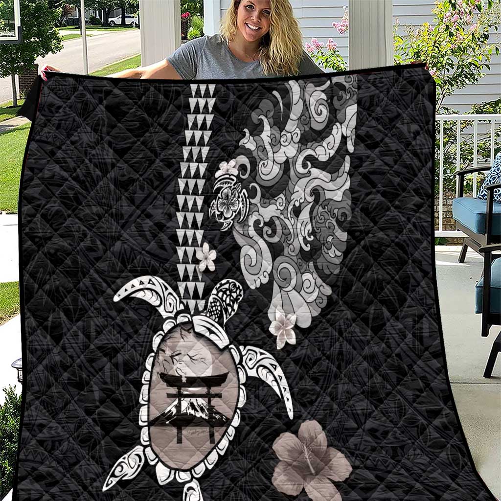 Hawaiian and Japanese Together Quilt Japanese Culture and Turtle Kakau Tattoo Black Color